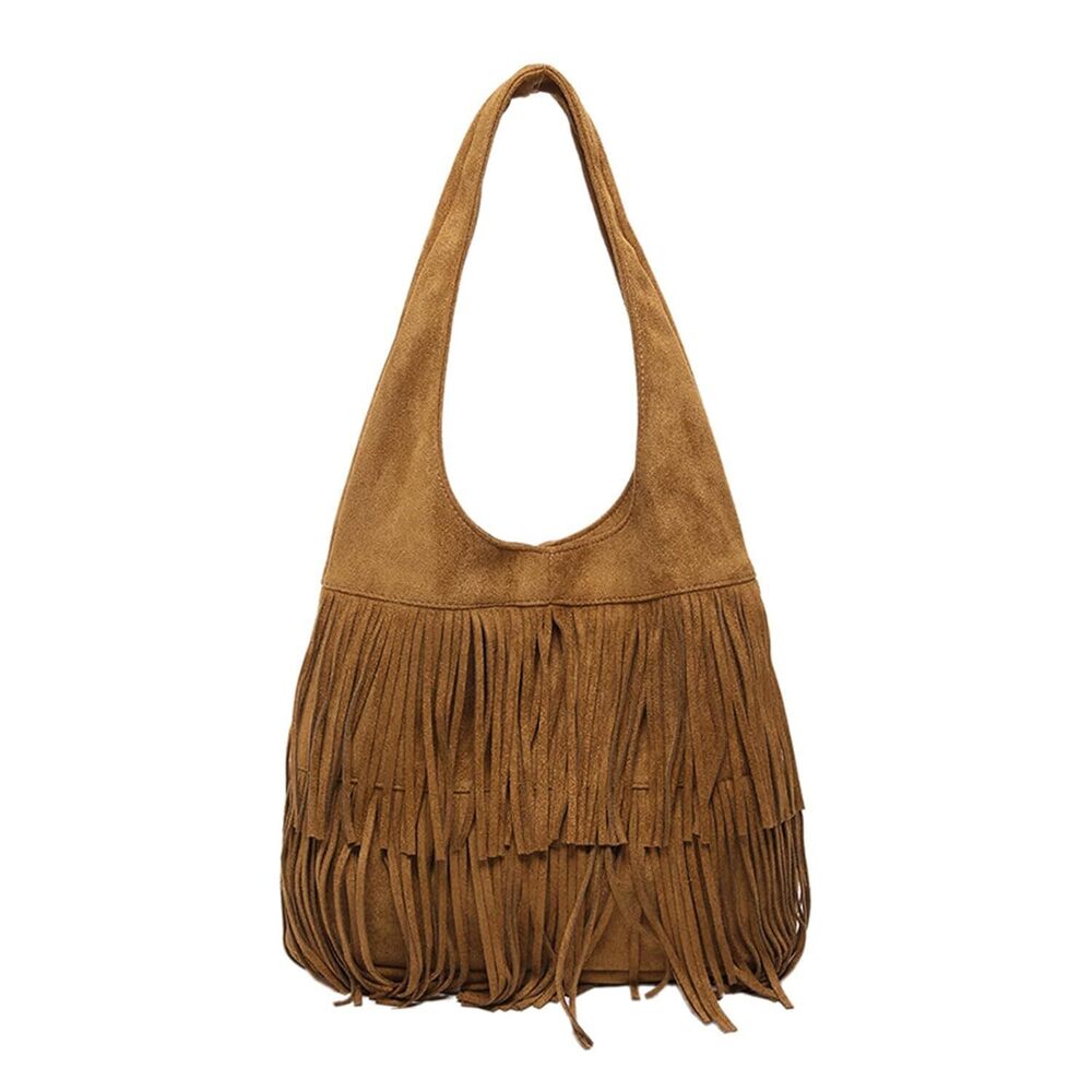 Women Suede Handbag Vintage Fringe Hobo Bag Shoulder Bag with Tassel